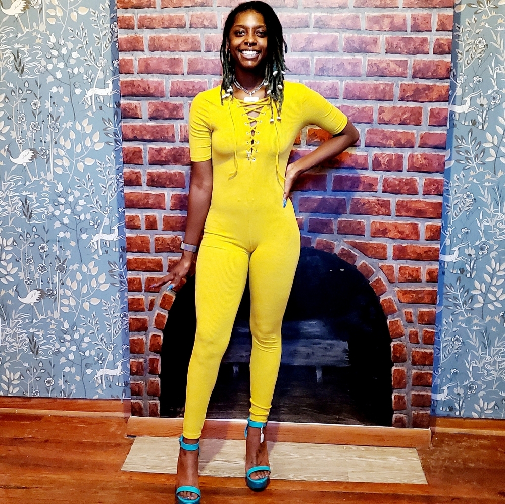 Mustard yellow tie front catsuit